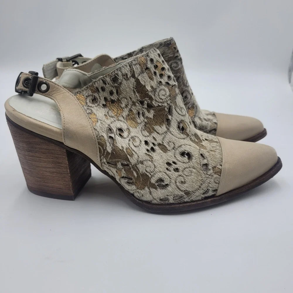 Chocolat Blu Anita Women Laser Cut Calf Hair Slingback Block‎ Heel Mules Size 37